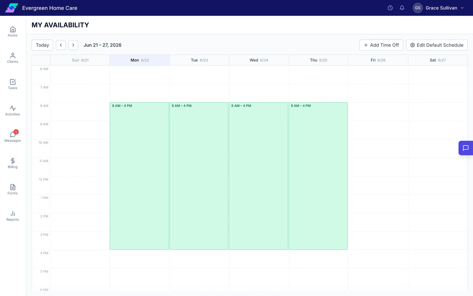 A staff member's weekly availability
