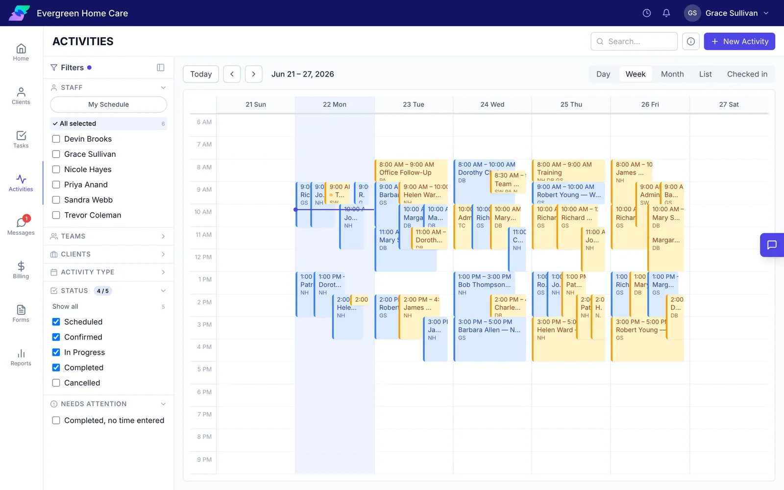 The team calendar for a week, with visits for each staff member