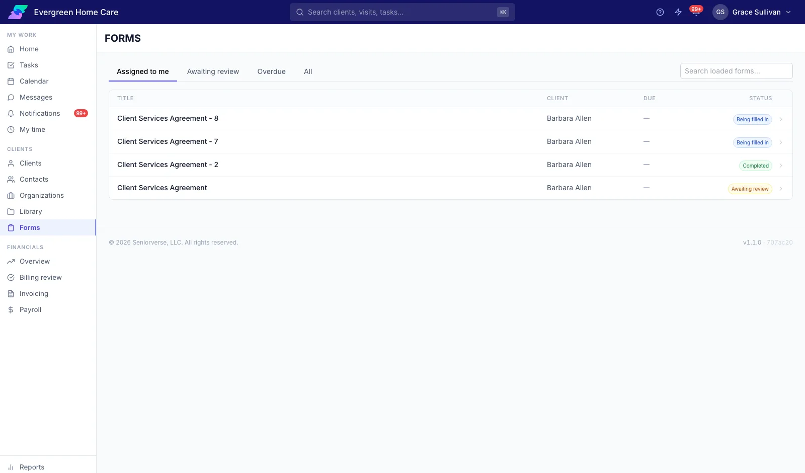 The Forms list with service agreements and their status
