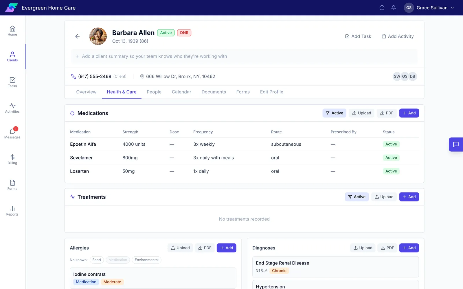 The Health and Care tab with medications and treatments