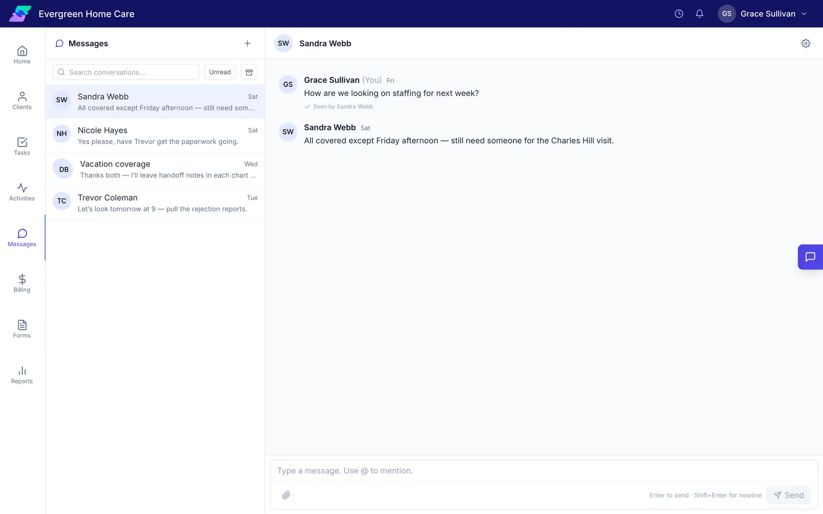 Team messages with a conversation open
