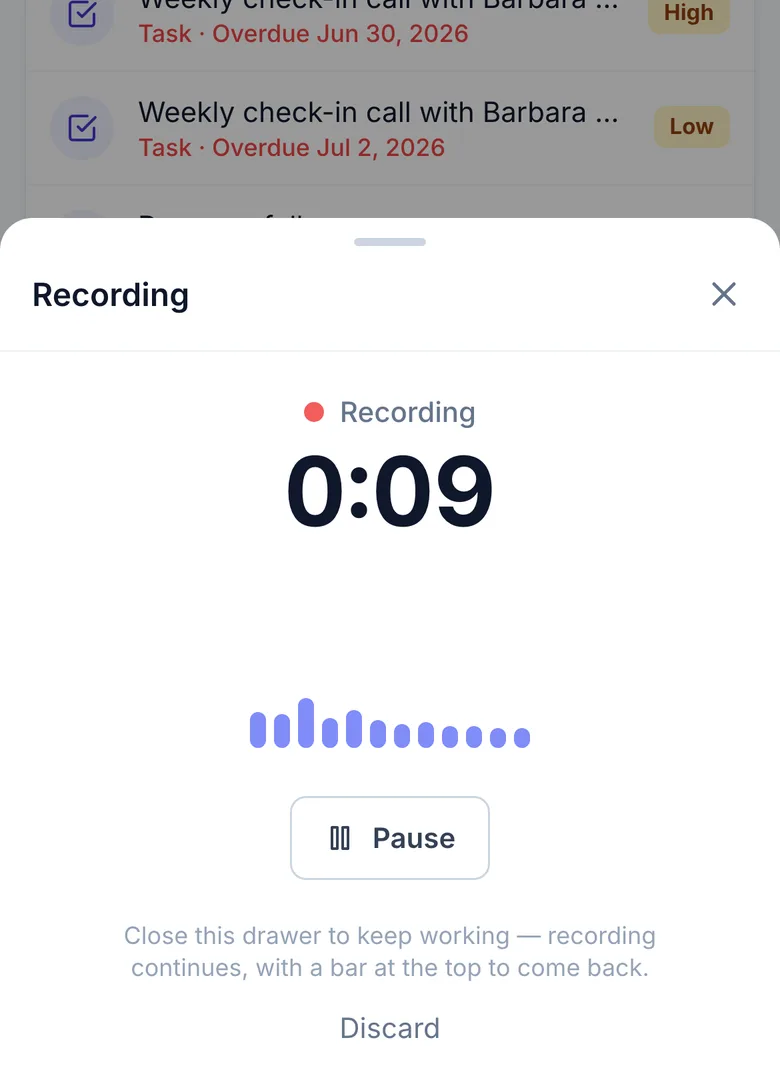 Recording a visit on a phone, with the timer and the Pause button