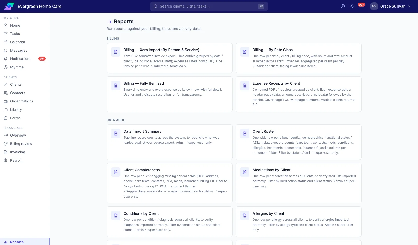 The Reports page with billing and data reports