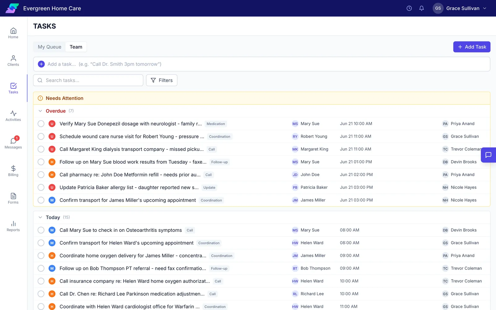 The Tasks page with overdue tasks and today's tasks
